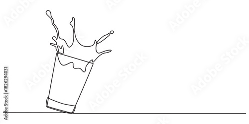 Single continuous line drawing milk pouring into glass creating splashes. Splashing milk in a glass. Milk splash in a glass. Dairy poured into glass. One line draw design graphic vector illustration