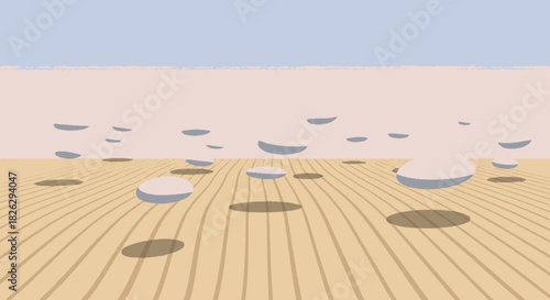 Surreal minimalist composition of levitating grey abstract shapes.