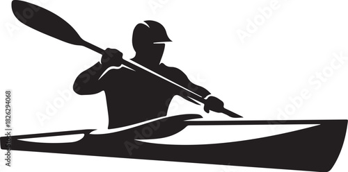 Silhouette of person kayaking with paddle and helmet, isolated on white