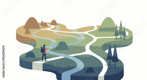 Traveler with a backpack standing at a crossroads choosing a future path.