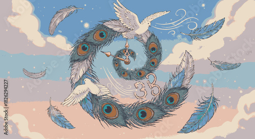 Surreal spiral of peacock feathers and a white bird in flight.