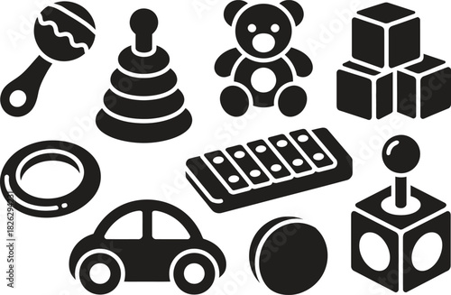 Silhouette Toys and Playtime Icons Set. Rattle, Blocks, Car, Teddy Bear, Toy Set Vector Illustration