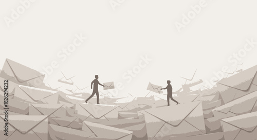 Two silhouetted figures carrying stacks of letters across a vast mountain of envelopes.