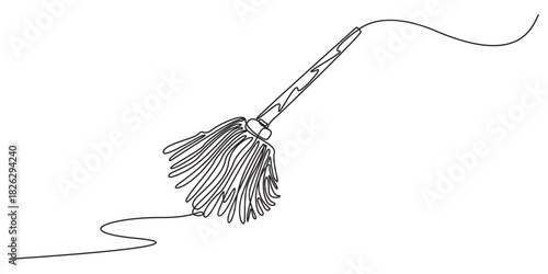 Continuous one line drawing of mop and bucket. Cleaning concept. Simple vector illustration, Single line draw design vector graphic illustration. Cleaning tools one line colored continuous drawing. 