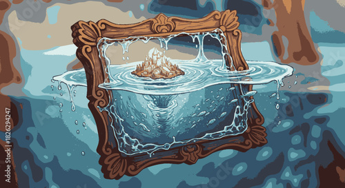 Surreal ornate picture frame floating in overflowing water.