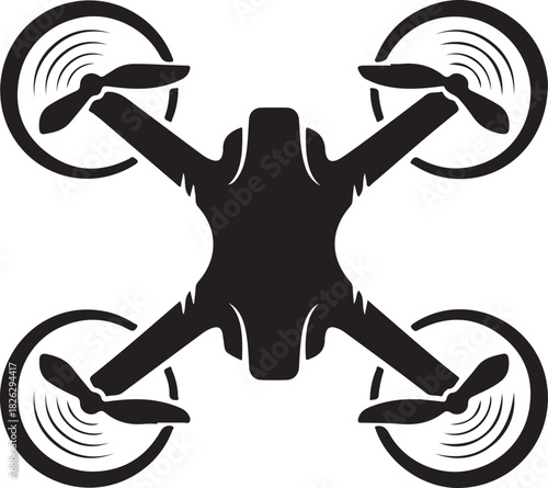 Silhouette of a four-rotor drone from above, isolated on white background.