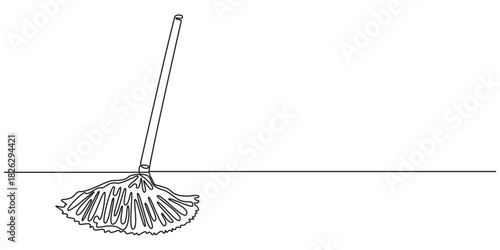 Continuous one line drawing of mop and bucket. Cleaning concept. Simple vector illustration, Single line draw design vector graphic illustration. Cleaning tools one line colored continuous drawing. 