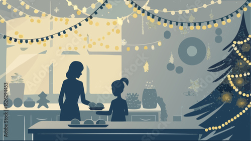 Heartwarming holiday scene of mom and daughter in festive kitchen, preparing treats near a decorated Christmas tree, celebrating family traditions