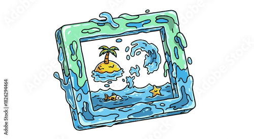 Vintage handheld water puzzle toy with a tropical island scene.