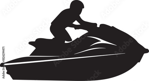 Silhouette of person riding a jet ski across water, dynamic motion
