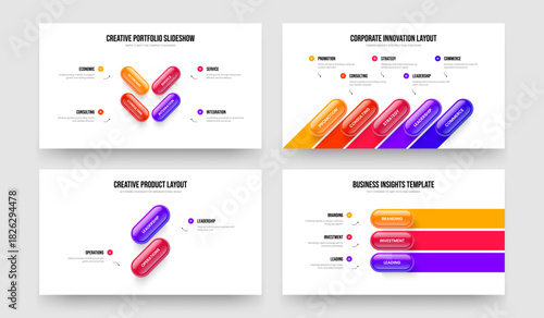 Advertising Overview 4 5 2 3 Option Infographic Slideshow Design Bundle. Project Strategy Four Five Two Three Element Diagram Presentation Layout Vector Illustration Collection.