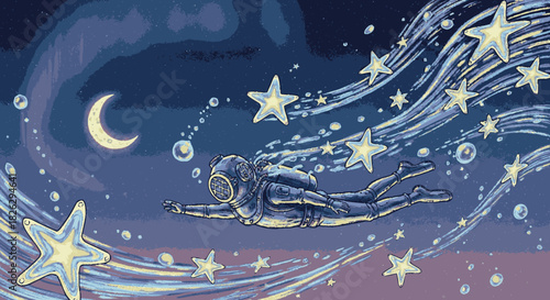 Vintage deep sea diver swimming through a celestial dreamscape of stars.