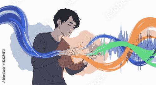 Young man manipulating colorful abstract sound waves illustration.