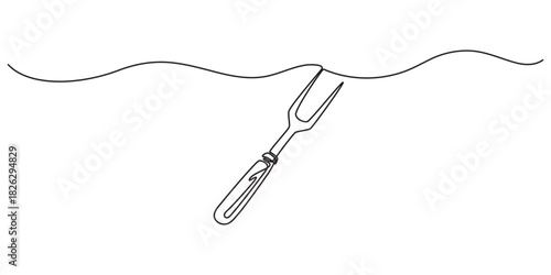 continuous one line drawing of Two-Pronged Carving Fork with Wooden Handle,  continuous one line drawing carving fork, single line drawing kitchen tool, two pronged carving fork line art, wooden