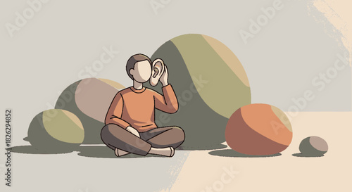 Young man sitting peacefully while listening to a seashell.
