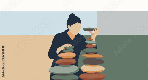 Woman carefully stacking stones to create a balanced tower.