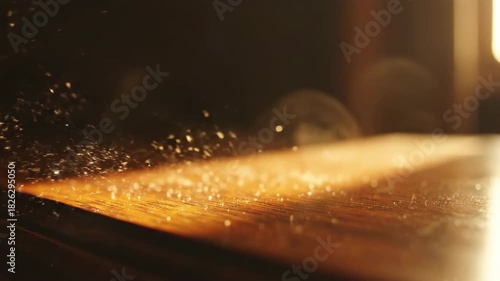 Dust particles dancing in sunlight over a wooden surface in a cozy room