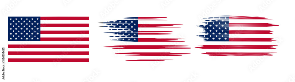 Obraz premium Set of three USA flag designs: a clean flag, a distressed brush stroke effect, and a speed/motion blurred style. Perfect for patriotic themes, national holidays, and graphic design projects.