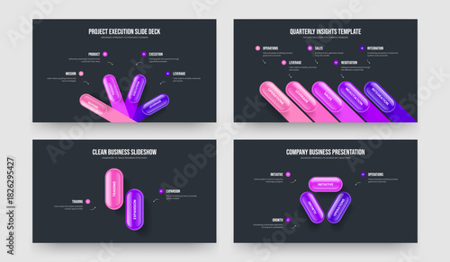 Market Planning Four Five Two Three Option Diagram Slide Layout Vector Illustration Collection. Corporate Development 4 5 2 3 Element Infographic Slideshow Design Set.