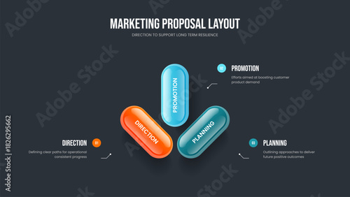 Modern Strategy 3 Option Diagram Slideshow Template. Market Plan Slide Layout Vector Illustration. Advertising Development Three Element Infographic Presentation Design.