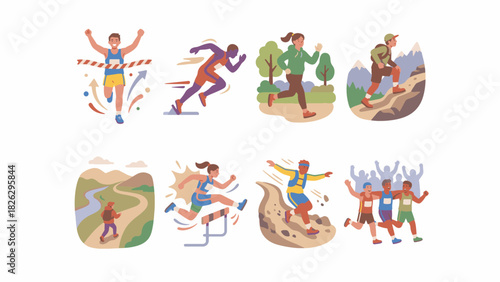 Runners and hikers set. Rounded flat vector-style illustrations of sprinting, jogging, hurdle jump, and trail running. Diverse athletes and friends for sports, marathon, and fitness apps.
