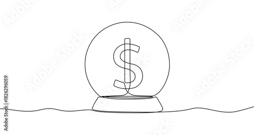Dollar sign in a snow globe drawn by a continuous line. Financial forecasting in one line art style. Vector illustration for business concepts.