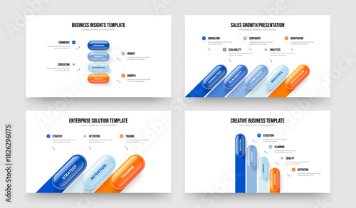 Business Strategy Four Five Three Step Diagram Slide Layout Vector Illustration Bundle. Sales Solution 4 5 3 Option Infographic Slideshow Template Collection.