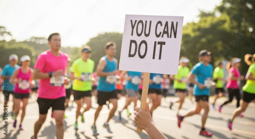 Obraz premium Hand holding motivational sign toward colorful marathon runners in motion, sunny day, dynamic shallow depth of field, energetic community support scene