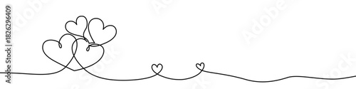 Group of hearts drawn with a continuous line. One line art symbolizing love, friendship, and celebration. Vector illustration for romance and holiday.