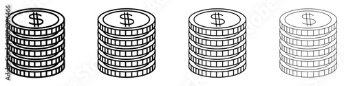 Set of dollar coin stack icons. Black outline illustrations of money accumulation in different stroke styles. Vector illustration.
