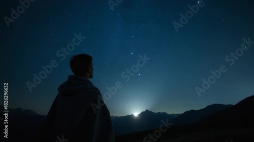 Video A person stands alone in a open field under starry night sky