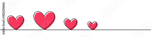 Group of pink hearts of various sizes in continuous line style. One line drawing of love and family relationship. Vector illustration with editable stroke.
