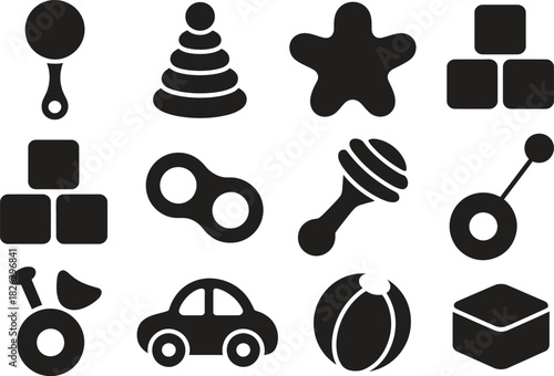 Silhouette Toys and Baby Essentials Icons Set. Play, Rattle, Car, Building Blocks, Baby Products Vector Illustration