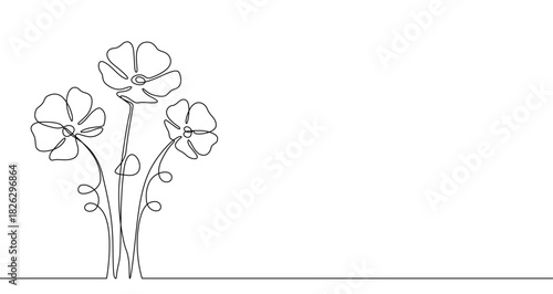 Drawing of three flowers on stems in one line art style. Floral illustration with editable stroke on a white background. Vector illustration.