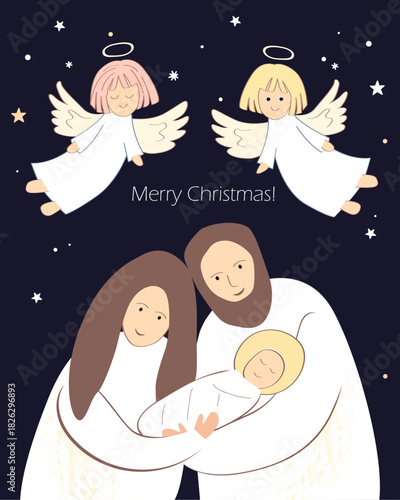 Christmas nativity scene of baby Jesus, Mary and Joseph, and happy angels. Hand drawn stylized bible illustration clipart isolated. Cartoon vector illustration in Scandinavian style.