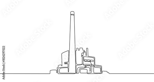 Drawing of an industrial plant or factory with a chimney in one line art style. Illustration with editable stroke on a white background. Vector illustration.