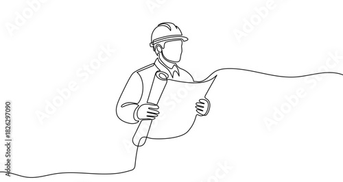 Drawing of an engineer or construction worker in a hard hat reading a blueprint, in one line art style. Illustration with editable stroke. Vector illustration.