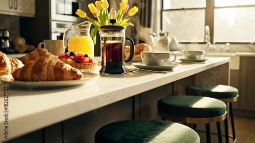 Bright kitchen scene with breakfast spread, flowers, and morning light