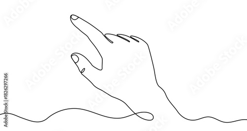 Drawing of a hand with the index finger touching a screen, in one line art style. Gesture illustration with editable stroke. Vector illustration.