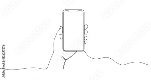 Drawing of a hand holding a smartphone vertically, in one line art style. Illustration with editable stroke on a white background. Vector illustration.