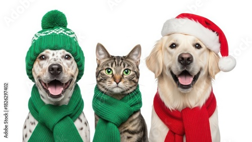Festive pets trio: happy spotted dog in green hat and scarf, tabby cat in green scarf, joyful golden retriever in santa hat and red scarf.