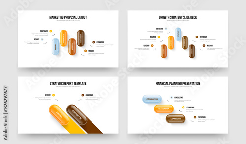 Market Report Four Five Two Three Element Diagram Slideshow Layout Vector Illustration Set. Business Development 4 5 2 3 Step Infographic Slide Design Collection.