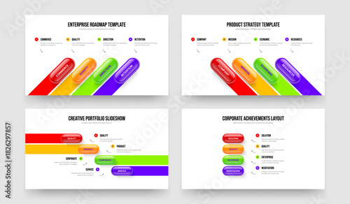 Market Review 4 Step Diagram Presentation Design Collection. Service Report Four Option Infographic Slide Template Vector Illustration Set.