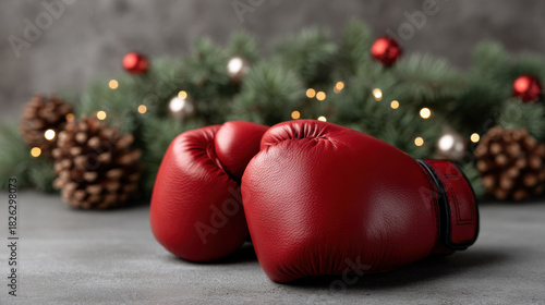 Red boxing gloves placed table with festive Christmas background of pine branches, cones, and lights, evoking unique holiday