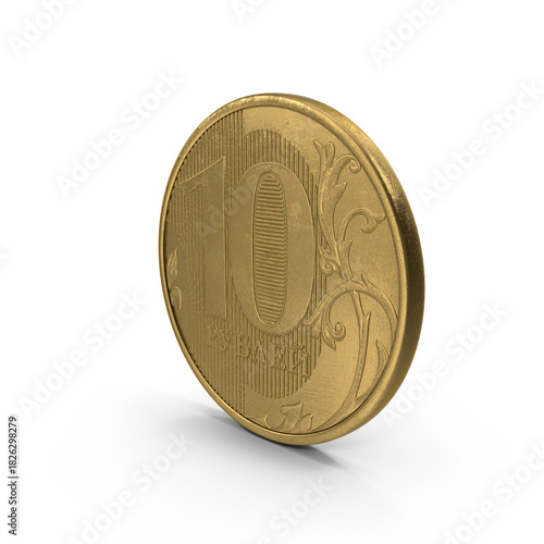 Shiny gold Russian ten ruble coin with detailed embossed pattern