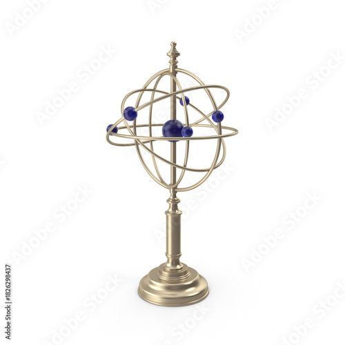 Decorative golden armillary astrolabe with blue orbs isolated on transparent background.