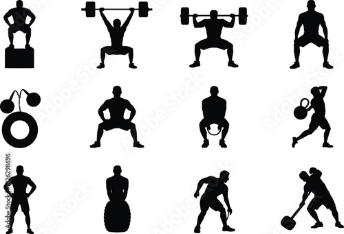 Silhouette Fitness Icons Set. Weightlifting, Exercise, Workout, Gym Vector Illustration