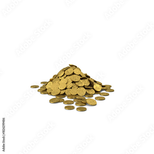 Pile of shiny gold coins scattered loosely on transparent background