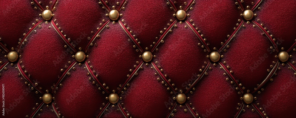 Obraz premium Luxurious burgundy tufted leather with gold studs in a diamond pattern for upscale interiors.