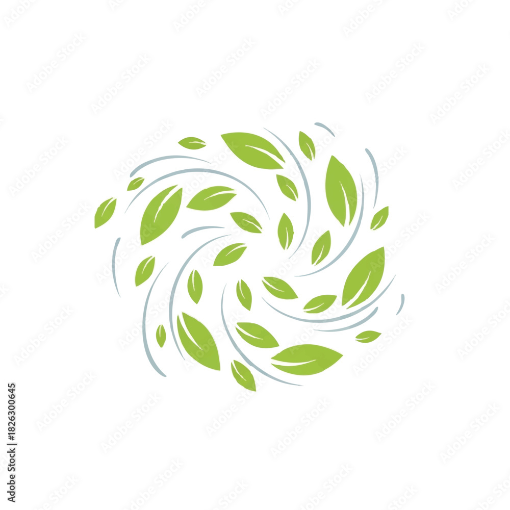 Obraz premium A stylized illustration of swirling green leaves on curved blue lines against a white background with a natural and dynamic composition.